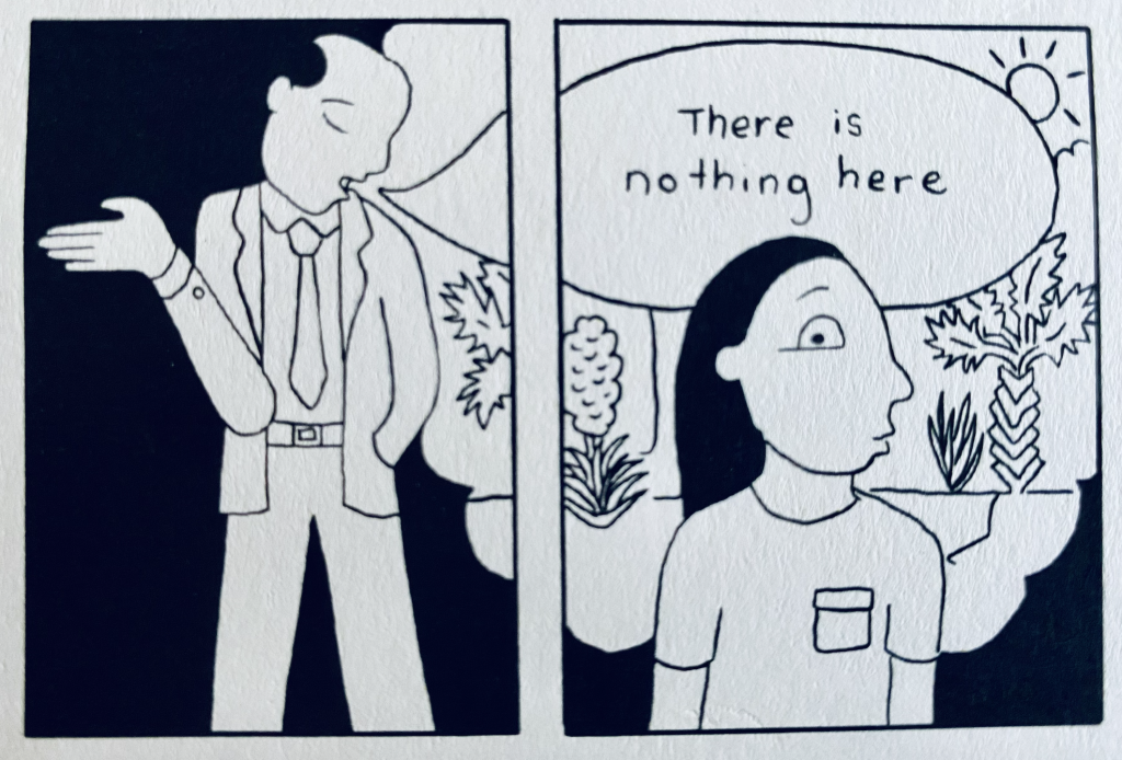 Illustration of a man in a suit saying “No Hay nada aqui” and a confused woman surrounded by plants and nature.